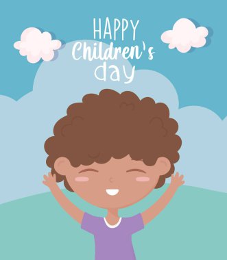 happy childrens day, cute little boy cartoon celebrating outdoors