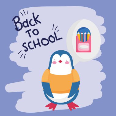 Kalem renkleriyle okul eğitimine geri dönen penguen