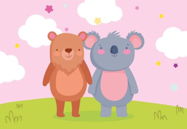 Tarlada tatlı küçük ayı ve koala birlikte.