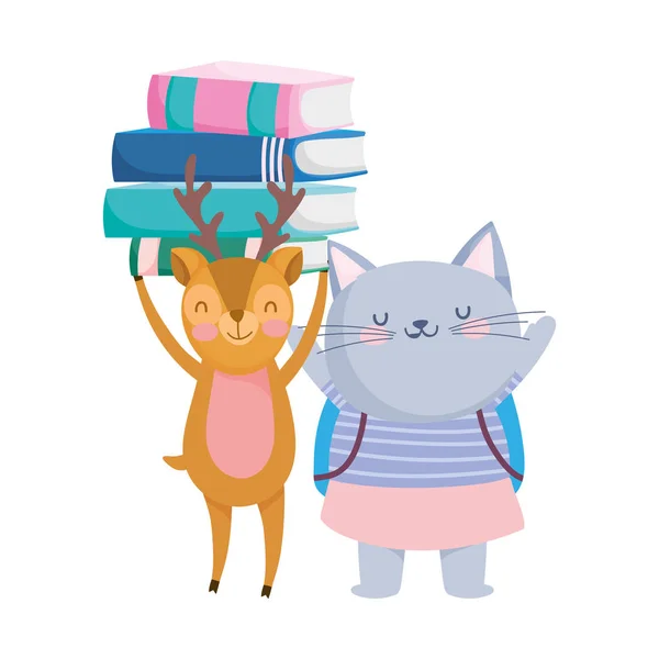 Tillbaka till skolan utbildning söt rådjur med böcker och söt katt med ryggsäck — Stock vektor