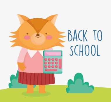 Okula geri dön. Hesap makineli şirin tilki.