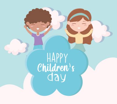 Mutlu çocuklar günü, küçük oğlan ve kız kutlama bulutu çizgi filmi oynuyorlar.