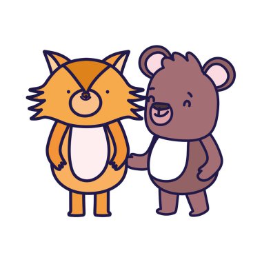 Beyaz arka planda küçük oyuncak ayı ve tilki çizgi film karakteri