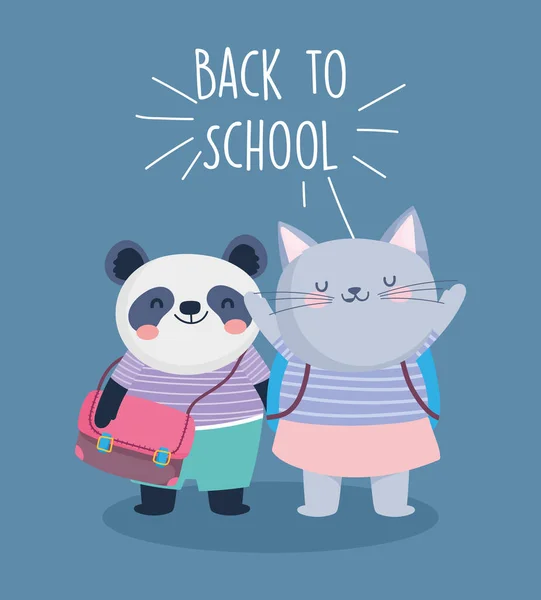 Volver a la escuela educación lindo panda y gato con mochilas — Archivo Imágenes Vectoriales