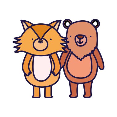 Beyaz arka planda şirin ayı ve tilki çizgi filmi