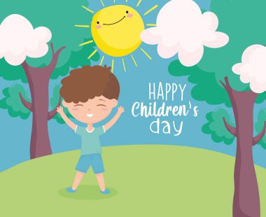 happy childrens day, cute little boy cartoon celebrating outdoors