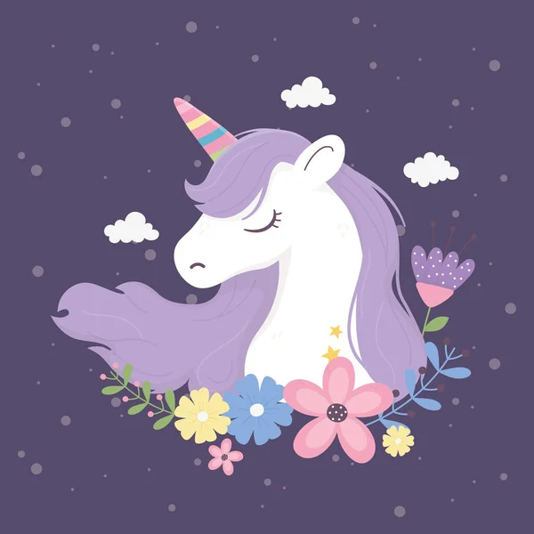 Unicorn flowers clouds fantasy magic dream cute cartoon — Stock Vector