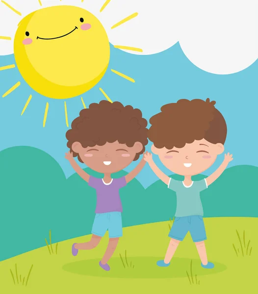 Glad barndag, leende små pojkar firar utomhus tecknad film — Stock vektor