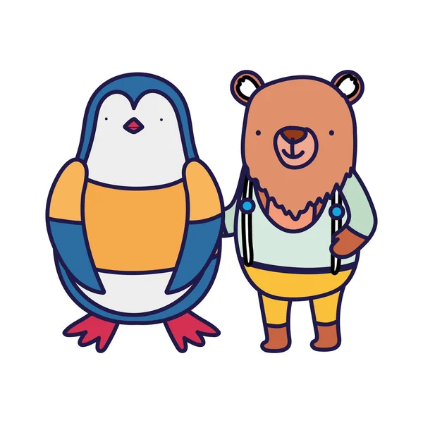Cute niedźwiedź i pingwin z kreskówki ubrania — Wektor stockowy