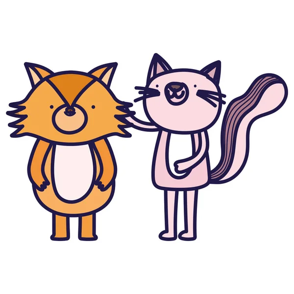 Kleine vos en roze kat cartoon karakter op witte achtergrond — Stockvector