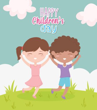 Mutlu çocuklar günü, gülümseyen erkek ve kız dışarıda kutlama yapıyor.