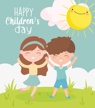 Mutlu çocuklar günü, gülümseyen erkek ve kız dışarıda kutlama yapıyor.