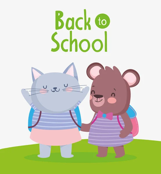 Volver a la escuela educación gato y oso con mochilas — Archivo Imágenes Vectoriales