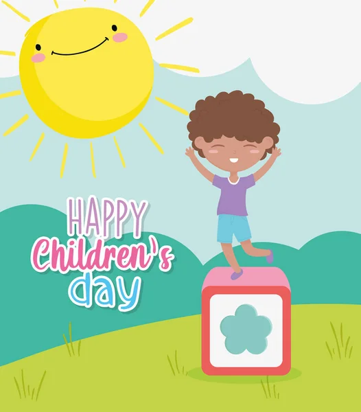 Feliz día de los niños, niño jugando en bloque de dibujos animados de juguete al aire libre — Vector de stock