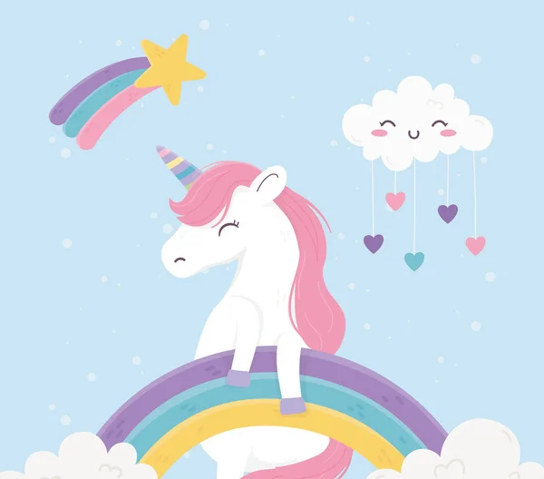 Unicórnio arco-íris nuvens corações amor fantasia sonho mágico bonito desenhos animados —  Vetores de Stock