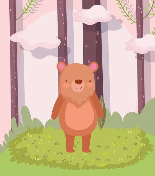 Słodkie niedźwiedź zwierzę kreskówka charakter las liście natura krajobraz — Wektor stockowy
