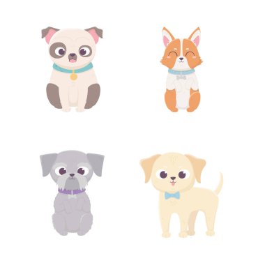 cute dog domestic cartoon animal, set pets