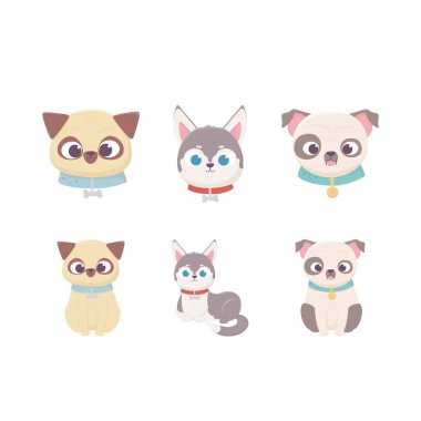 cute dog domestic cartoon animal, set pets