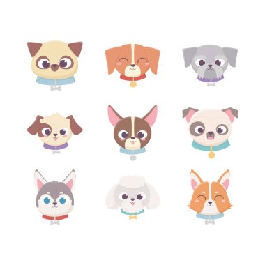 cute heads breeds domestic cartoon animal, set pets