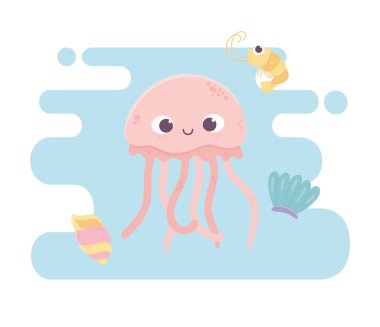 jellyfish squid and snail life cartoon under the sea