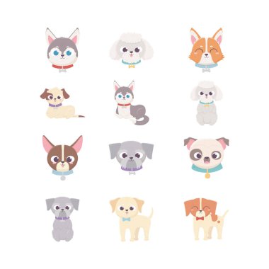 cute dog domestic cartoon animal, set pets