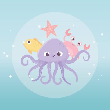 octopus crab starfish and fish life cartoon under the sea