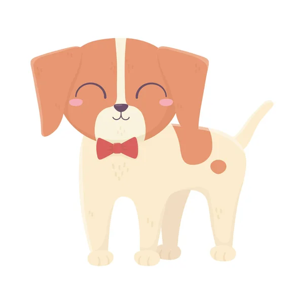 Lindo llittle perro de pie wtih pajarita animal de dibujos animados domésticos, mascotas — Vector de stock