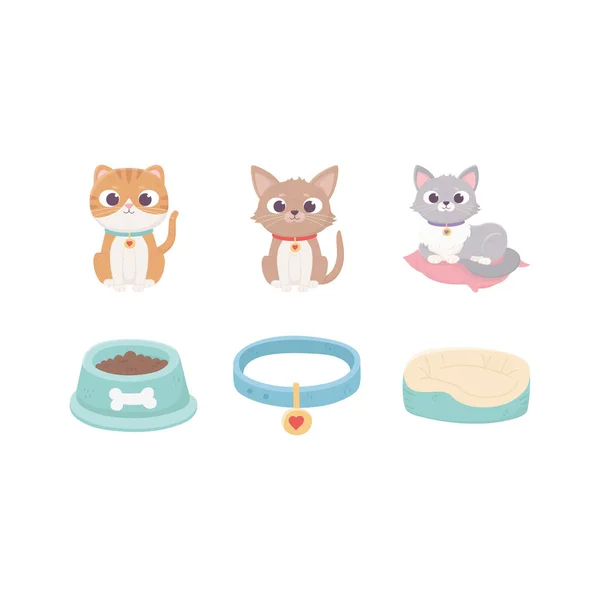 Gatos con colchón de cuello tazón de comida, mascotas — Vector de stock