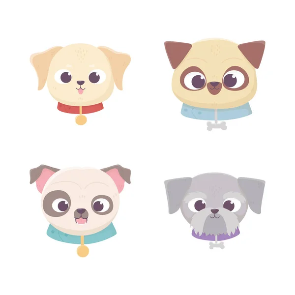 Lindo caras perro diferente pedigrí animal doméstico de dibujos animados, colección de mascotas — Vector de stock