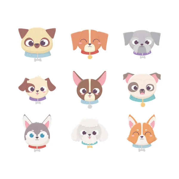 Cabezas lindas razas animales domésticos de dibujos animados, mascotas conjunto — Vector de stock