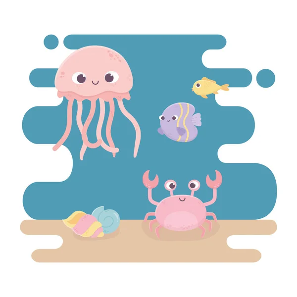 Medusas caranguejo peixes caracol e vida shell desenhos animados sob o mar — Vetor de Stock