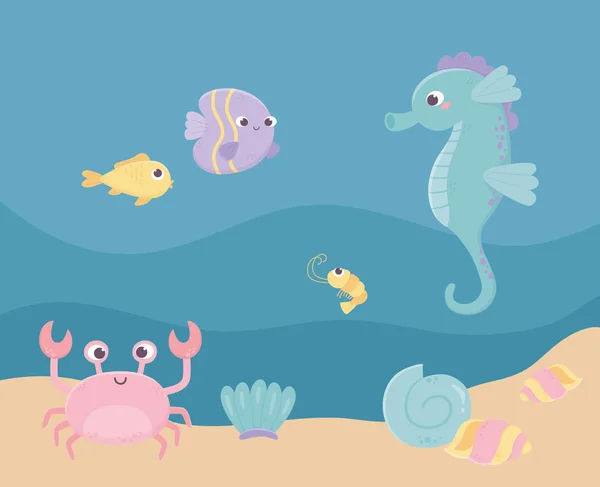 Cavalluccio marino pesci granchio gamberi sabbia vita cartone animato sotto il mare — Vettoriale Stock