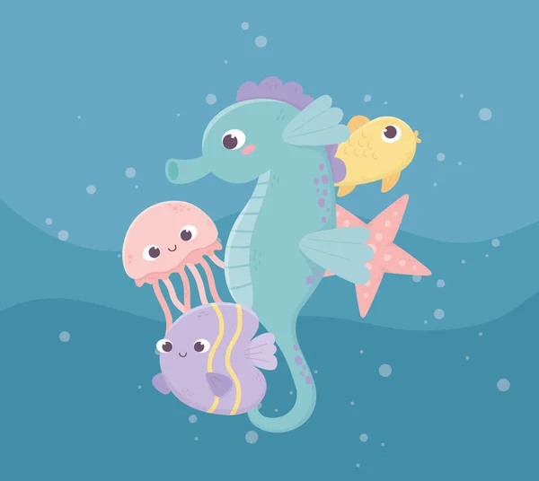 Seahorse jellyfish fishes starfish bubbles life cartoon under the sea — Wektor stockowy