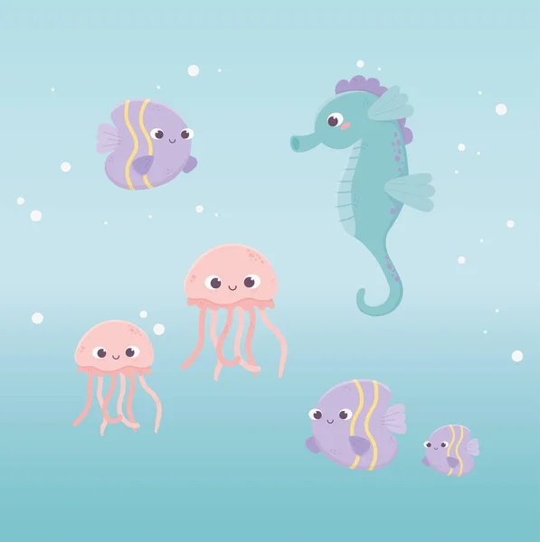 Seahorse jellyfishes fishes bubbles water life cartoon under the sea — ストックベクタ