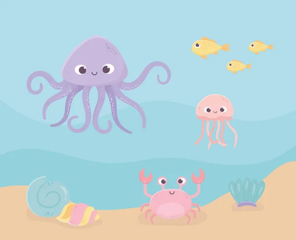 Crab snail jellyfish octopus fishes sand life cartoon under the sea — Wektor stockowy