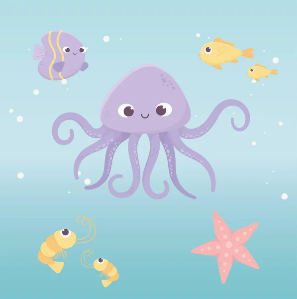 Octopus fishes starfish shrimp life cartoon under the sea — Stockový vektor