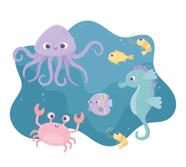 Shrimp seahorse crab fishes octopus life cartoon under the sea — Stockový vektor