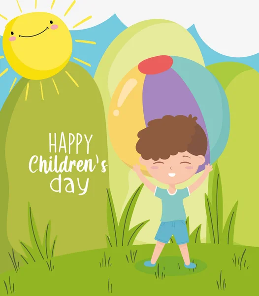 Feliz día de los niños, niño jugando con dibujos animados de pelota — Vector de stock