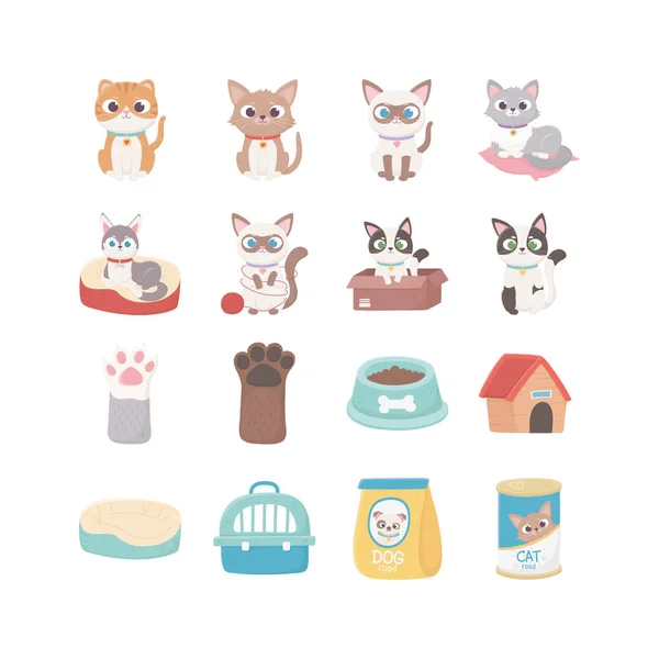 Gatos perro pata casa comida caja bola, mascotas — Vector de stock