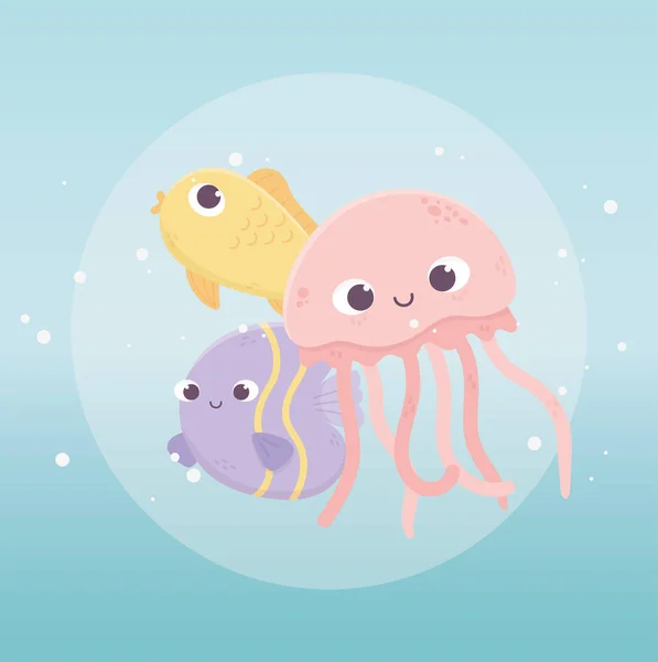 Jellyfish fishes swimming bubbles water life cartoon under the sea — Stockvektor