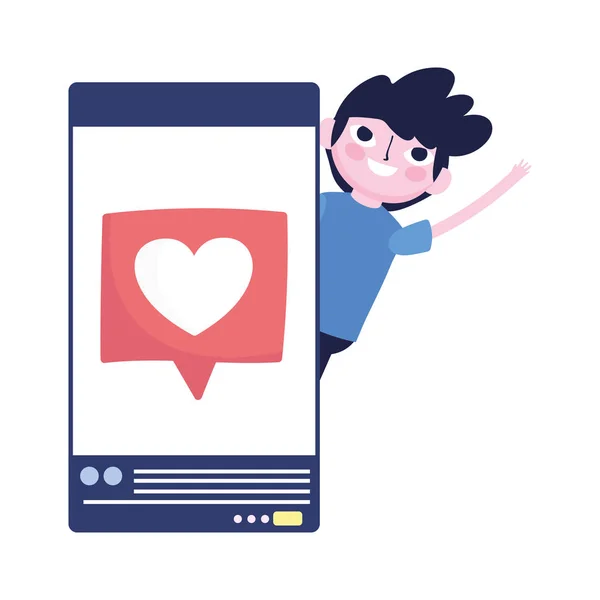 Young boy with smartphone chat love social media — 스톡 벡터