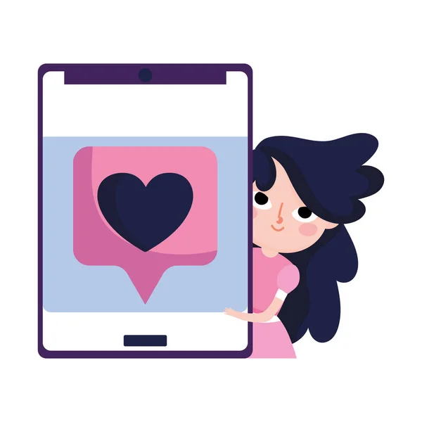 Young woman with smartphone love romantic social media — 스톡 벡터