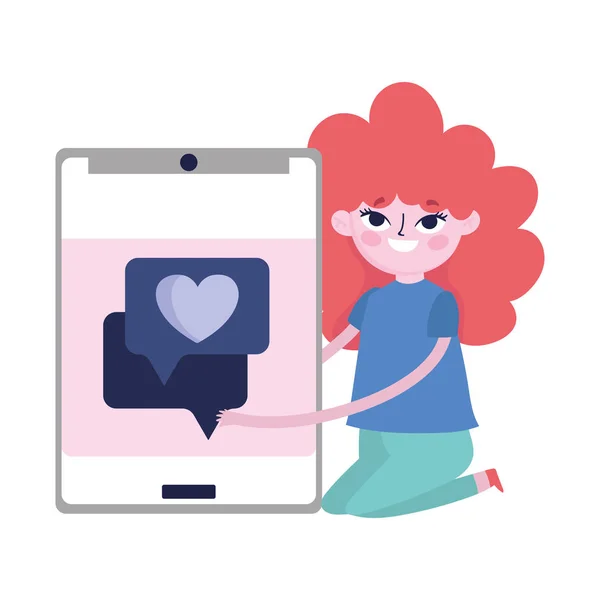 Social media young woman with smartphone chat romantic love — Wektor stockowy