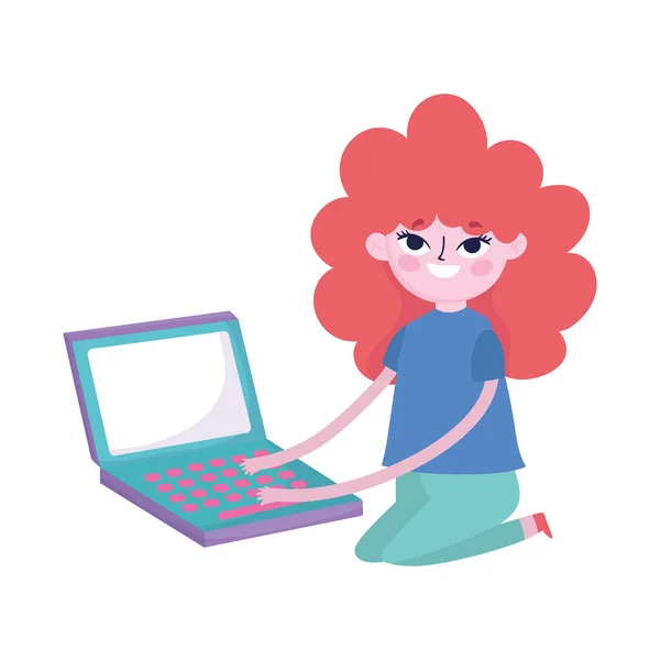 Young woman typing laptop computer social media — Διανυσματικό Αρχείο