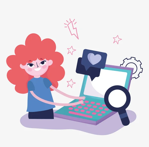 Young woman social media laptop magnifier message love — Wektor stockowy