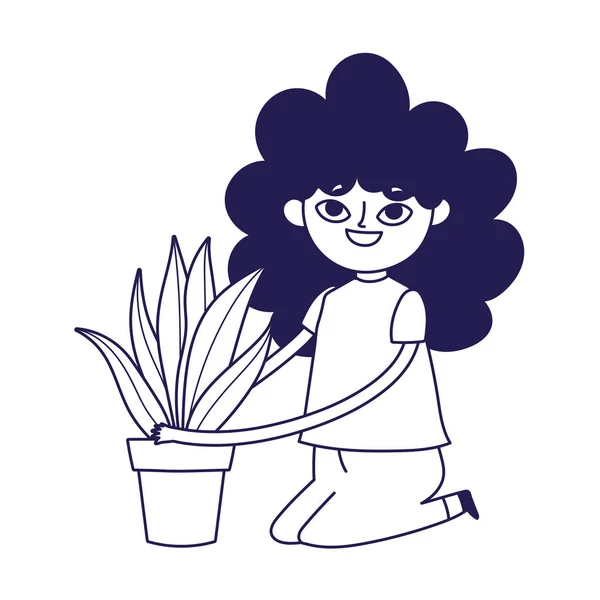 Молода жінка на колінах з прикрасою рослин з горщиками — стоковий вектор