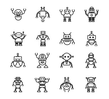 Robot teknolojisi karakter suni makine simgeleri doğrusal ayarlandı