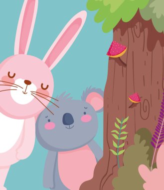 little rabbit and koala cartoon character forest foliage nature landscape