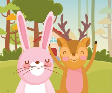 cute rabbit and deer trees nature forest foliage landscape