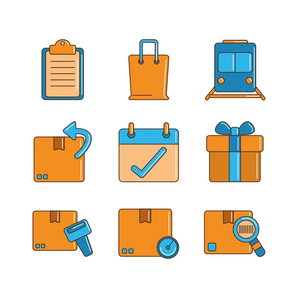 Delivery cargo shipping distribution logistic icons set line and fill — Stock Vector